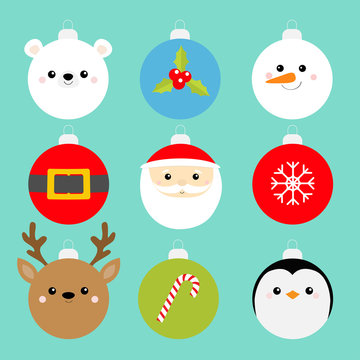 Christmas ball set. Penguin, Santa Claus, bear, snowman, deer face. Belt, holly berry, snowflake, candy cane. Cute bauble toy. Cartoon kawaii character. Happy New Year. Flat design. Blue background.