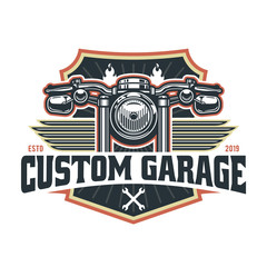 Vintage motorcycle logo template, vector retro custom garage emblem or badge.