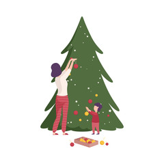 Happy Family Preparing for New Year Holiday Celebration Vector Illustration