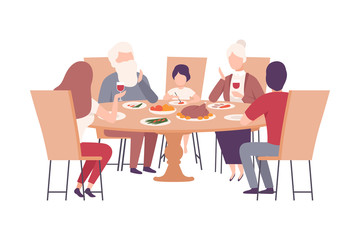 Happy Family Sitting at the Dining Table Together Vector Illustration