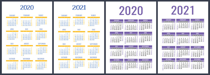 Calendar 2020, 2021 years. Colorful vector set. Week starts on Sunday. Vertical English calender design template