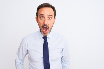 Middle age businessman wearing elegant tie standing over isolated white background afraid and shocked with surprise expression, fear and excited face.