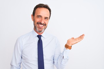 Middle age businessman wearing elegant tie standing over isolated white background smiling cheerful presenting and pointing with palm of hand looking at the camera.