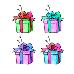 Set of Gift, present box. Christmas, new year, birthday, other holiday. Simple watercolor illustration for greeting cards, calendars, prints, children's book. Doodles, line art, hand drawn