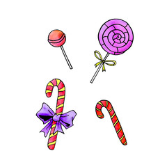 Set watercolor candy cane, sweets, lollipop. New year Xmas holidays line art, doodle, sketch, hand drawn. Simple color illustration for greeting cards, invitation cards, calendars, prints