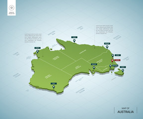 Stylized map of Australia. Isometric 3D green map with cities, borders, capital Canberra, regions. Vector illustration. Editable layers clearly labeled. English language. - obrazy, fototapety, plakaty