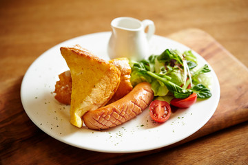 Breakfast menu, bread, sausage and salad 
