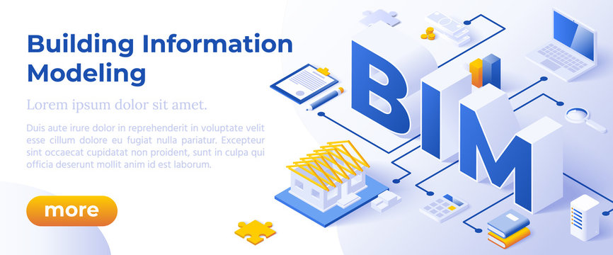 BIM - Building Information Modeling or Life-Cycle Facility Management. Isometric Concept in Trandy Colors. Construction Management Segment Metaphor. Website Banner Layout Template. Vector Illustration