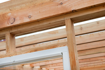 Carpenter. Construction site.Wooden construction. Frame.. Building a barn