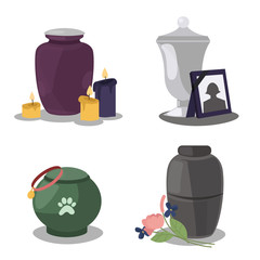 Collection funeral service icons with urns of cremation ceremony. Funeral columbarium urn with candles, flowers and photo frame. Mortuary urn for pets with a picture of a paw. Vector illustration