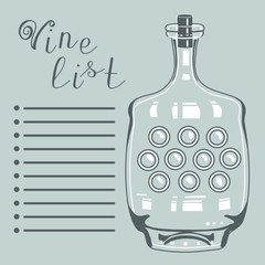 wine list on which is depicted an empty decanter, stripes and the inscription, monochrome illustration in blue-gray tones in vintage style