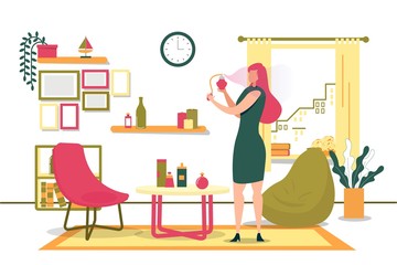 Girl Getting Ready for Meeting at Home, Cartoon.