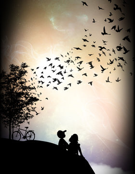 Fly fly away cartoon kids in the real world silhouette art photo manipulation