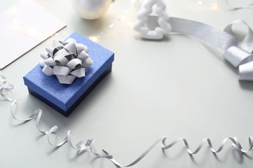 Christmas composition with space for text. Christmas composition in blue and silver colors