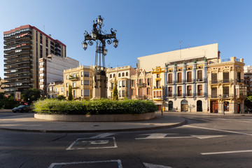 Monument metal lantern at Piaca de la Independencia, Castellon de la Plana, Spain - 2019.08.10