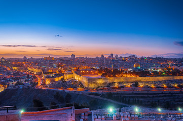 Jerusalem old town skyline illuminated by night