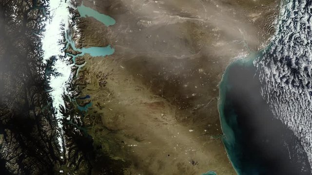 Los Glaciares National Park, Torres del Paine National Park and Southern Patagonian Ice Field in South America from Space, Satellite View. Elements of this Video furnished by NASA. 