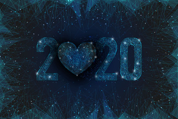 Abstract isolated blue image of  new year number 2020. Polygonal  low poly wireframe illustration looks like stars in the blask night sky in spase or flying glass shards. Digital web, internet design. © Katsiaryna
