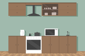 Kitchen set and electric oven. Vector illustration.
