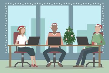 Employees working on laptop in Christmas decorated office. Vector illustration.