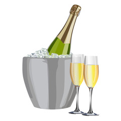Champagne in pail. Vector illustration. Isolated on a white background.