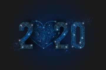 Abstract isolated blue image of  new year number 2020. Polygonal  low poly wireframe illustration looks like stars in the blask night sky in spase or flying glass shards. Digital web, internet design. © Katsiaryna