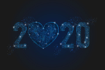 Abstract isolated blue image of  new year number 2020. Polygonal  low poly wireframe illustration looks like stars in the blask night sky in spase or flying glass shards. Digital web, internet design. © Katsiaryna