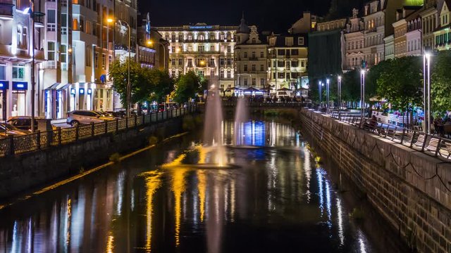 Karlovy Vary (Carlsbad ) Czech Republic. Tepla river. Night. Summer.	