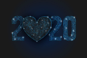 Abstract isolated blue image of  new year number 2020. Polygonal  low poly wireframe illustration looks like stars in the blask night sky in spase or flying glass shards. Digital web, internet design. © Katsiaryna