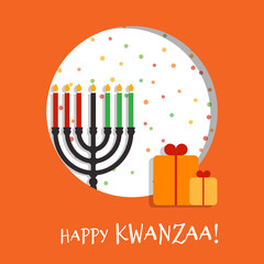 Vector illustration of Happy Kwanzaa holidays. Square greeting card with kinara, confetti and gifts. Celebration of African heritage, unity, and culture. - 307131163