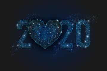 Abstract isolated blue image of  new year number 2020. Polygonal  low poly wireframe illustration looks like stars in the blask night sky in spase or flying glass shards. Digital web, internet design. © Katsiaryna