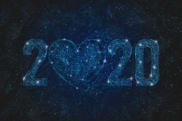 Abstract isolated blue image of  new year number 2020. Polygonal  low poly wireframe illustration looks like stars in the blask night sky in spase or flying glass shards. Digital web, internet design. © Katsiaryna