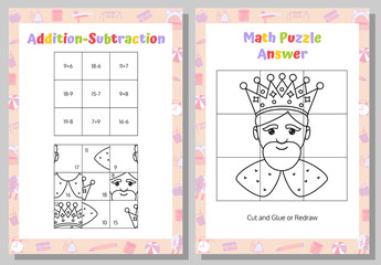 Addition, Subtraction Math Puzzle Worksheet. Educational Game. Mathematical Game. Vector illustration.