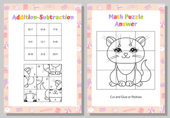 Obraz premium Addition, Subtraction Math Puzzle Worksheet. Educational Game. Mathematical Game. Vector illustration.