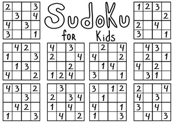 Simple sudoku for kids. Black and white outline children puzzle.