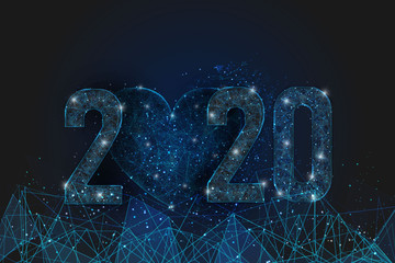 Abstract isolated blue image of  new year number 2020. Polygonal  low poly wireframe illustration looks like stars in the blask night sky in spase or flying glass shards. Digital web, internet design. © Katsiaryna