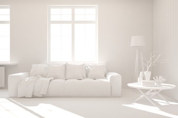 Stylish room in white color with sofa and summer landscape in window. Scandinavian interior design. 3D illustration