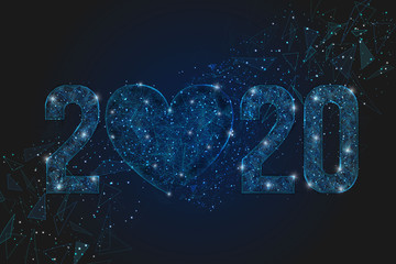 Abstract isolated blue image of  new year number 2020. Polygonal  low poly wireframe illustration looks like stars in the blask night sky in spase or flying glass shards. Digital web, internet design. © Katsiaryna