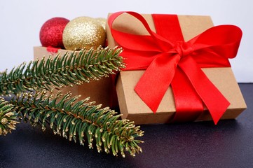 Gift box with balls and Christmas tree. Christmas concept. Decoration.