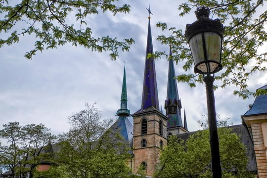 St Michael's Church towers and streetlamp, Luxembourg