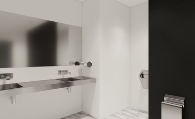 Fototapeta na wymiar Large washbasin in a public toilet. Walls in black. Light background. 3D rendering