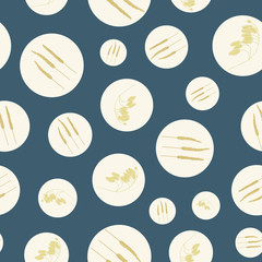 Vector Gold Yellow Fall Grass Plants in Circles on Blue Background Seamless Repeat Pattern. Background for textiles, cards, manufacturing, wallpapers, print, gift wrap and scrapbooking.