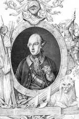 Joseph II, holy Roman emperor. Archduke of Austria. Born 1741, died 1790. Antique illustration, 1890. - obrazy, fototapety, plakaty