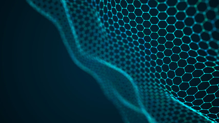 Obraz premium Futuristic abstract mesh. Wave with the connection of dots and lines. 3D rendering.