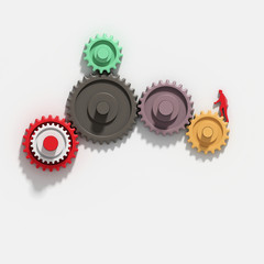 Colorful gears and cogs working together on white background; mechanism moved by a man; business process and financial concept design 3d rendering, 3d illustration