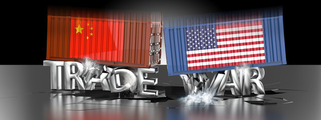 United States and China Cargo Containers. Trade war Concept. 3D rendering