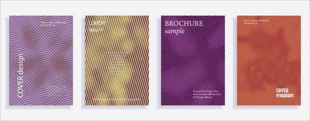 Minimalistic cover design templates. Set of layouts for covers of books, albums, notebooks, reports, magazines. Line halftone gradient effect, flat modern abstract design. Geometric mock-up texture