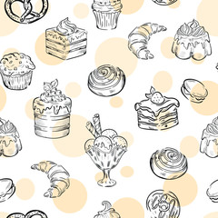 set of hand drawn design elements . Sweets, tasty, bakery, macaroon vector seamless pattern . Concept for print, web design, cards 