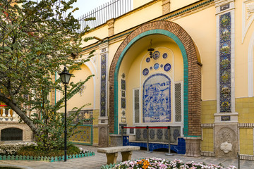 Decorated courtyard wall of the Moghadam historic house museum, dates back to the Qajar era, Tehran, Iran