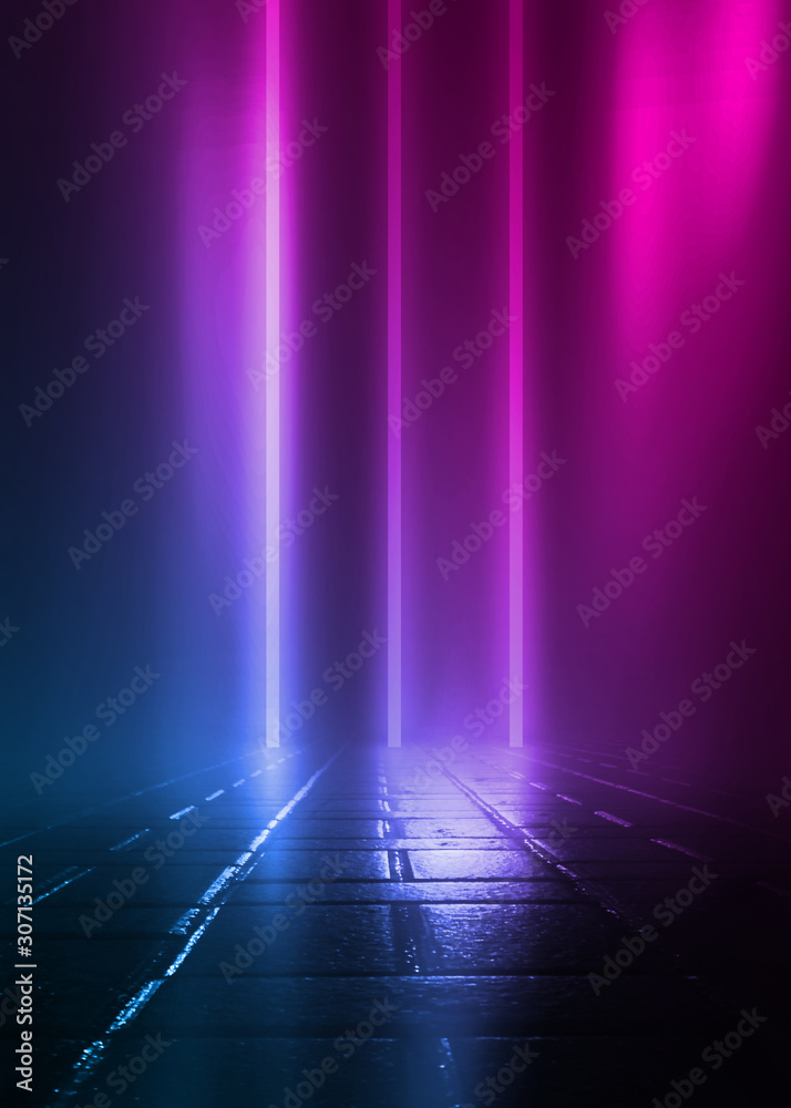 Poster empty background scene. dark street reflection on wet asphalt. rays of neon light in the dark, neon 